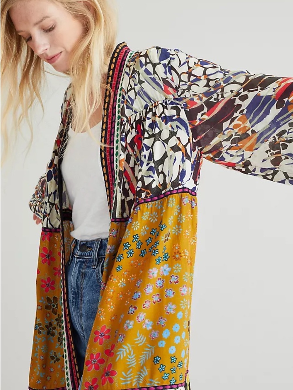 Anthropologie Conditions Apply Retro Floral Tiered Kimono Embroidered Patchwork - Picture 7 of 7